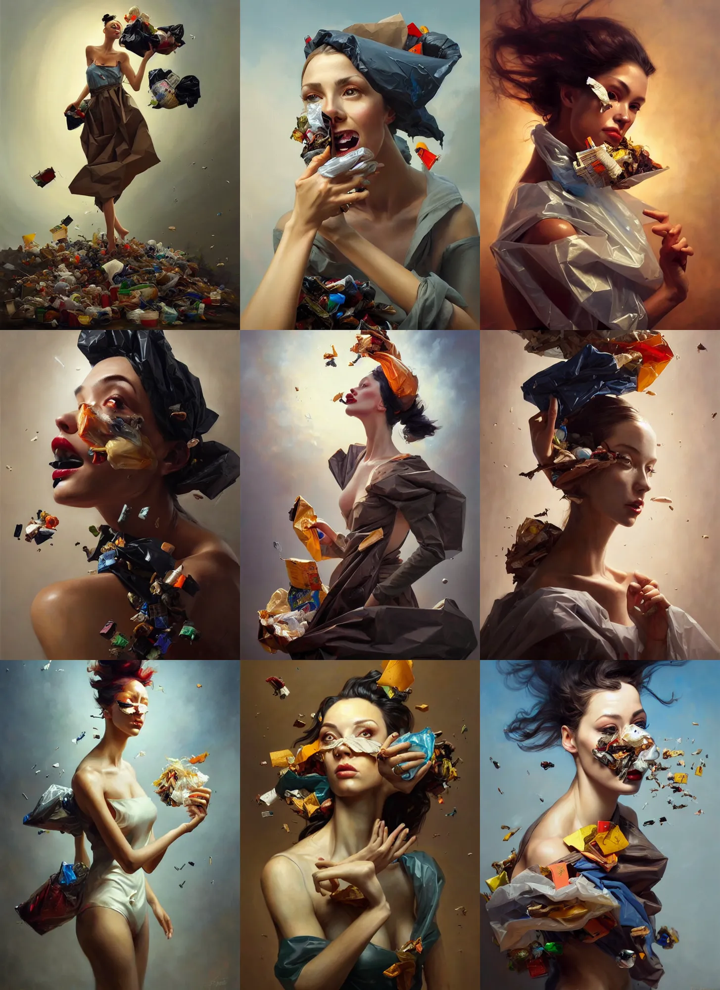 Prompt: fine art portrait oil painting of a beautiful woman with garbage flying into her face, wearing a plastic garbage bag, perspective, ultra detailed, elegant, intricate, dynamic lighting, hyperrealism, sharp focus, art by peter mohrbacher and artgerm and andrei riabovitchev