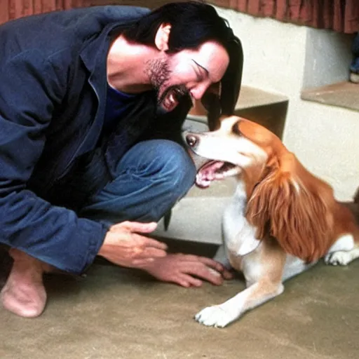 Image similar to claymation keanu reeves petting a happy dog