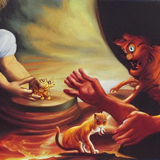 Image similar to creation of adam painting with garfield the cat and lasagna