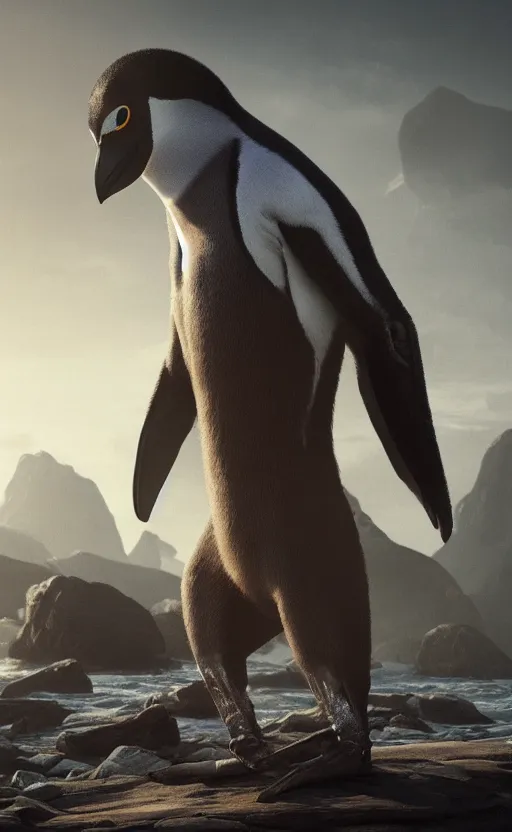 Prompt: muscular anthropomorphic penguin, tall penguin beast, cinematic shot, character art by Greg Rutkowski, HD realistic photography, 4k