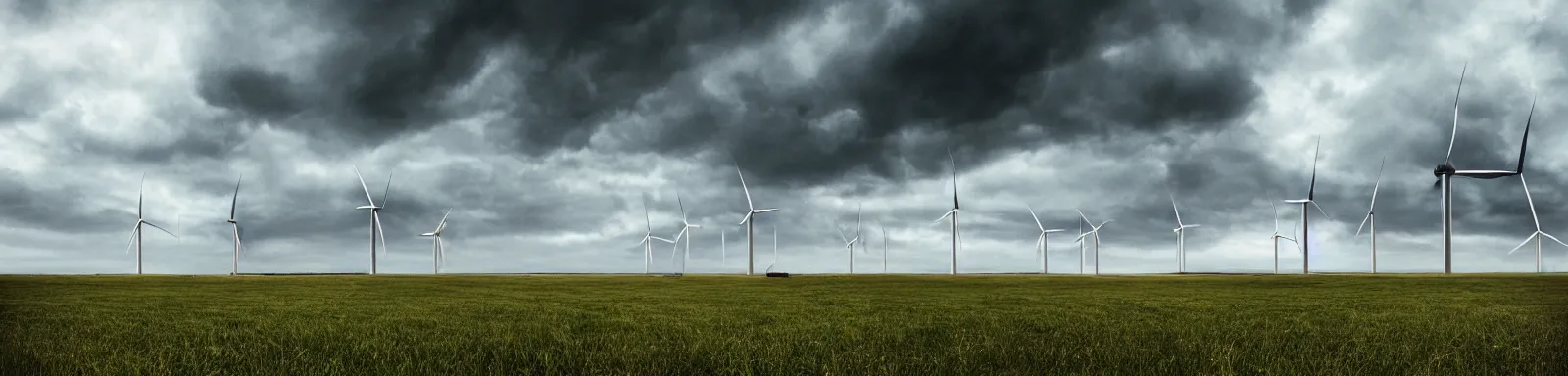 Prompt: Stormy sky with the lightings in the clouds, blueshift render, just 1 wind turbine in the background, depth of field, pipes and vaults on the ground, photorealistic, photo lense, focus, Full HD, 1128x191 resolution