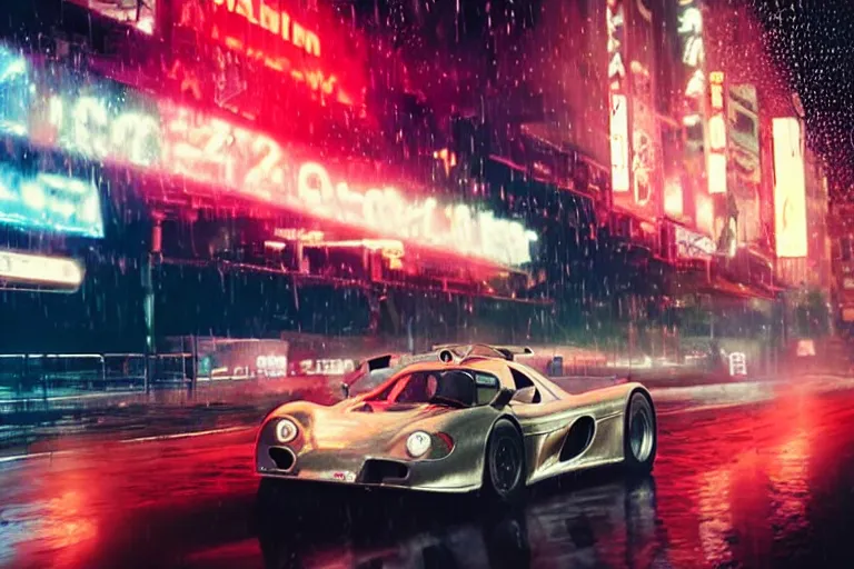 Image similar to a 1 9 3 5 mclaren f 1, speeding down tokyo highway in the rain, night time, neon lights, thunderstorm, movie still from the movie bladerunner 2 0 4 9