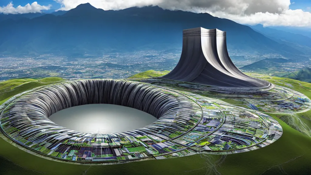 Prompt: Epic Giant Nuclear Reactor over the mountain valley of Quito, Ecuador; by Oswaldo Moncayo and Vincent Callebaut; Art Direction by James Cameron;