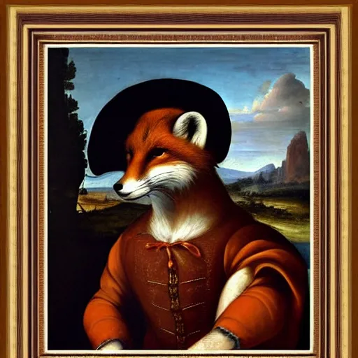 Image similar to the renaissance painting framed on a wall, except it is of an anthropomorphic male fox in a Victorian suit