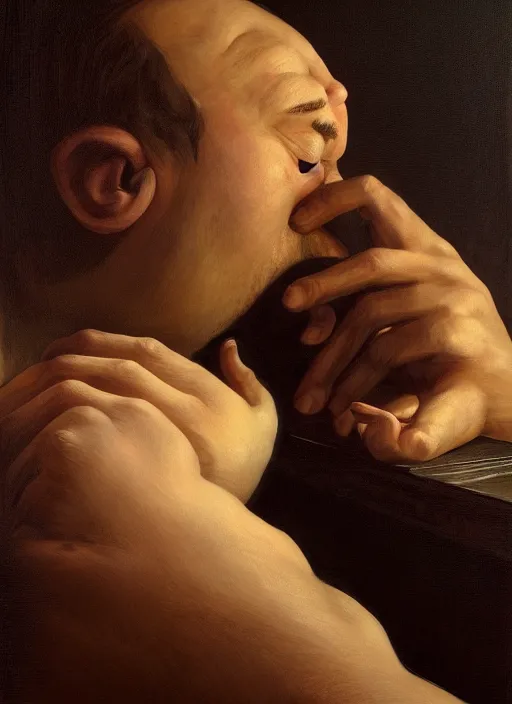 Image similar to insanely detailed chiaroscuro image of a sleepy - looking chubby casually - dressed tired programmer guy on his knees facing his glowing ultrawide monitor monitor begging it for forgiveness, oil on canvas, masterwork, fine detail, trending on artstation, emotive, insanely compelling, ryden, koons, moebius
