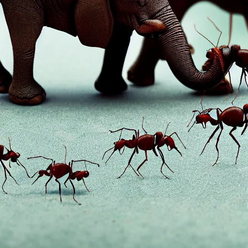 Prompt: macro photo of ants herding their elephants