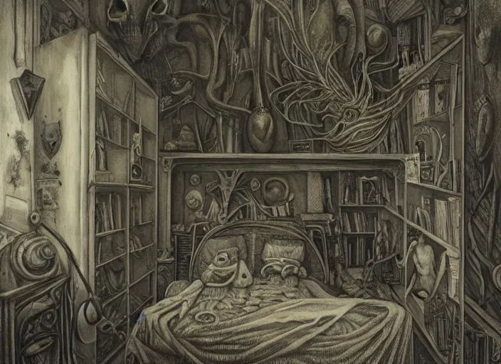 Prompt: a childhood bedroom by adonna khare, and h. r. giger, liminal aesthetic, dreamcore, weirdcore, clean lines, wide angle