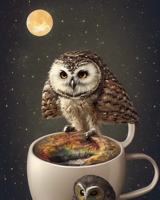 Image similar to long shot of a very cute owl chick nesting in a futuristic mug, esao andrews, humorous illustration, hyperrealistic, big depth of field, warm colors, whimsical cosmic night scenery, low light, 3 d octane render, 4 k, concept art, hyperdetailed, hyperrealistic, trending on artstation