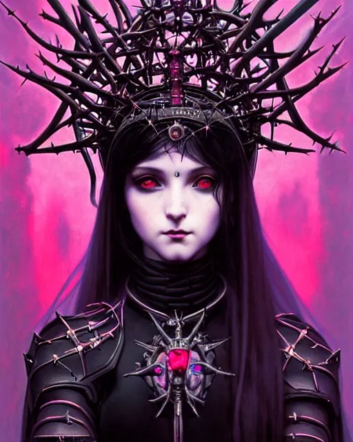 Image similar to portrait of beautiful cute goth maiden girl with crown of thorns in warhammer demonic mechanical armor, high details, neon colors, art by ( ( ( kuvshinov ilya ) ) ) and wayne barlowe and gustav klimt and artgerm and wlop and william - adolphe bouguereau