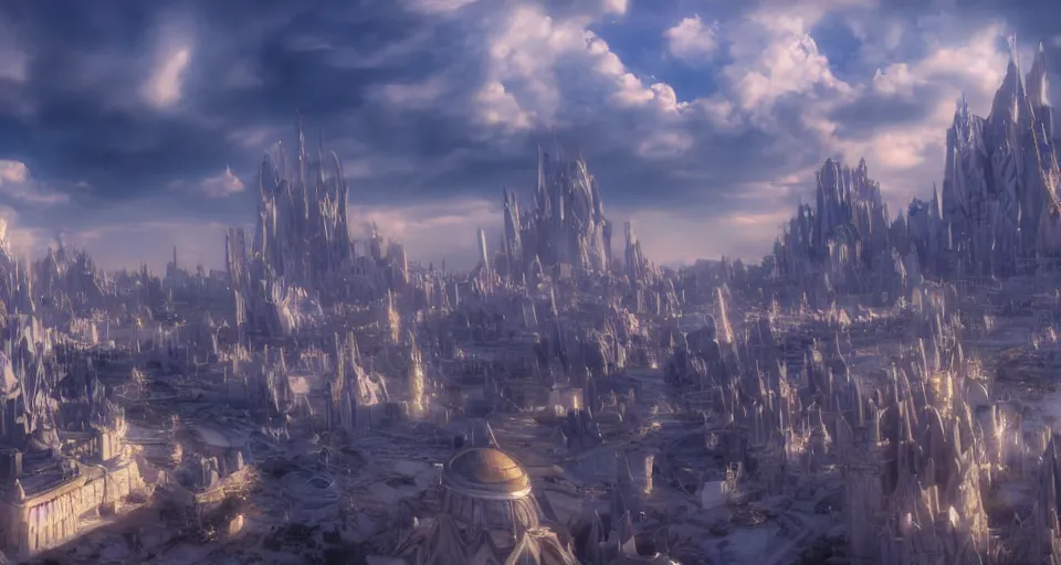 Prompt: majestic futuristic elf city made of white stone and decorated with gold, epic scale buildings, dramatic light clouds, cinematic sky, sunrise, 8 k, unreal engine 5