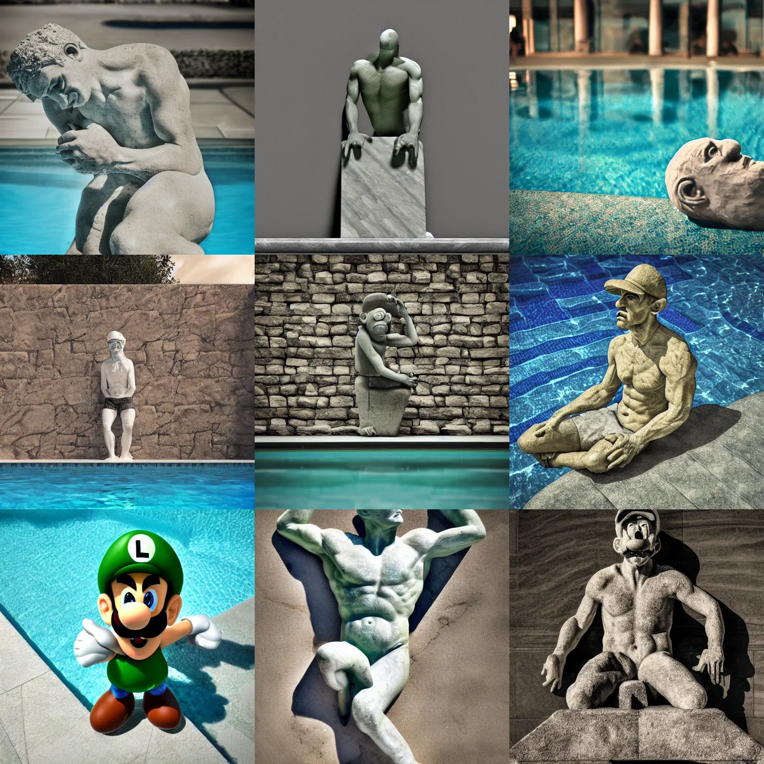 Prompt: luigi made of stone, petrified, at the pool, photography, render