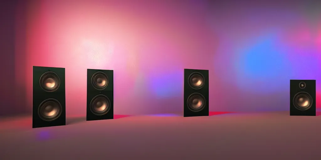 Prompt: 2 large speakers covered with a delicate psychedelic texture, octane render, hyper detailed render, volumetric light, ultra realistic,