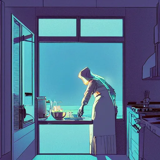 Prompt: a mother cooking in a kitchen while looking out the window in the style of john harris and kilian eng by moebius, atmospheric, line art, cinematic