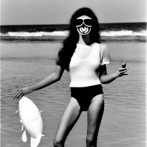 Prompt: 1976 woman wearing a smiley prosthetic mask with long snout nose and nostril, soft color wearing a swimsuit at the beach 1976 holding a an inflatable fish color film 16mm Almodovar John Waters Russ Meyer Doris Wishman old photo