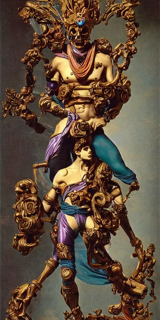 Prompt: a young handsome Spanish metal android with a large glowing red lit crystal in the center of his chest, full-body bronze cyberpunk style statue of Icarus with glowing purple eyes, crown of mechanical peach roses, flowing teal-colored silk, fabric, steampunk flowers. baroque elements, human skull. full-length view. baroque element. intricate artwork by caravaggio. many flying horses on background. Trending on artstation, octane render, cinematic lighting from the right, hyper realism, octane render, 8k, depth of field, 3D