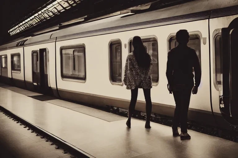 Image similar to vfx movie couple in a train station flat color profile edge lit cinematography