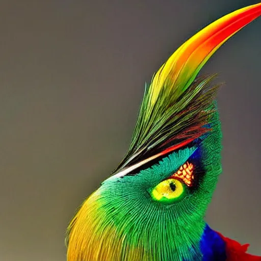 Image similar to closeup photo a bird of paradise, covered in feathers. focus on the beak. intricate eyes. extremely large wings. extreme detail, hyperrealistic photo