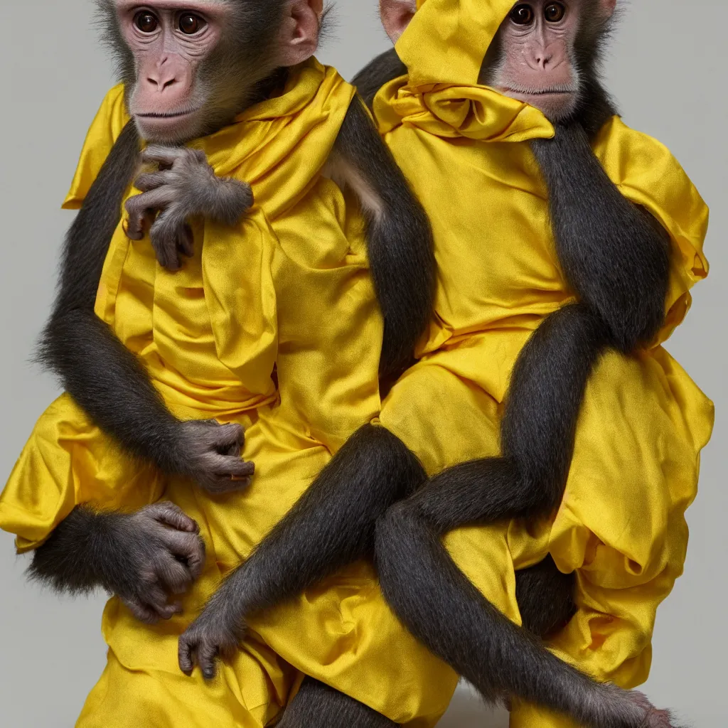 Image similar to a monkey wearing a yellow kimono, 8 k