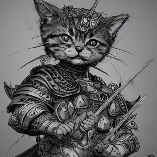 Image similar to Kitten with armor made of pizza, pen and ink, intricate line drawings, by Yoshitaka Amano, Ruan Jia, Kentaro Miura, Artgerm, detailed, trending on artstation, hd, masterpiece,