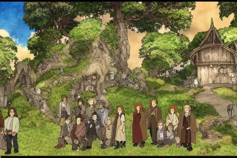 Image similar to tonemapped the fellowship of the ring!! by studio ghibli, highly detailed,