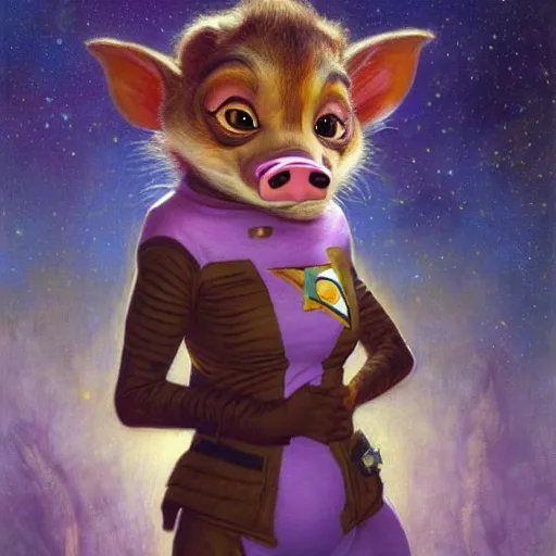 Image similar to a female pig cheetahwoman in starfleet uniform at night in a dark forest. zootopia fursona furaffinity furry art detailed face painting by gaston bussiere craig mullins jc leyendecker gustav klimt artgerm greg rutkowski furry