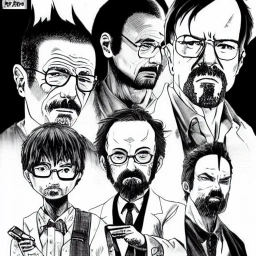 Prompt: Breaking Bad as a manga, art by Kentaro Miura, wide shot featuring Walter, Jesse, and Mike