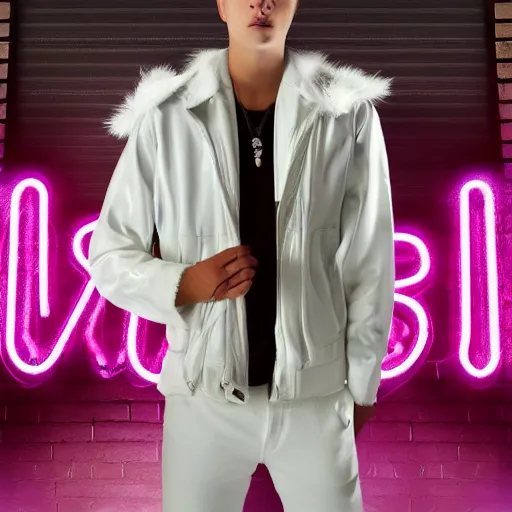 Image similar to stylish goat in a white jacket, retrowave, neon light,