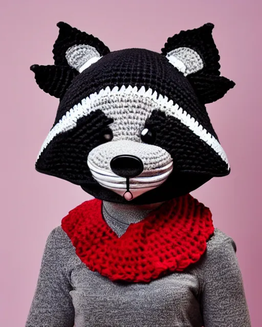 Image similar to a crocheted raccoon hat, very detailed, animal hat, cute details, product photo, promotional image, sharp focus, studio lighting. fzd school of design