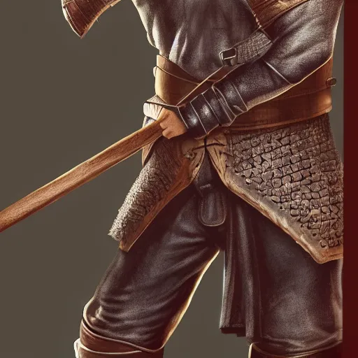 Image similar to realistic portrait, 30 year old man, dark taint :: athletic, medieval leather armour, brown cloth clothes, wooden staff :: high detail, digital art, RPG, concept art, illustration