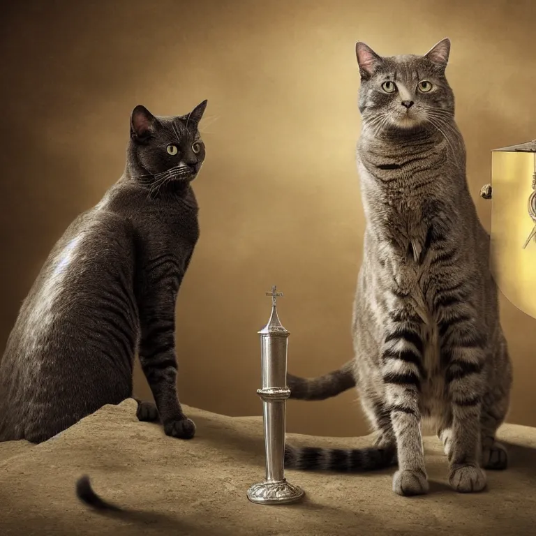 Prompt: an amazing award winning photo of a cat as a knight templar protecting the holy grail, very detailed and sharp, 4k hdr, cinematic masterpiece