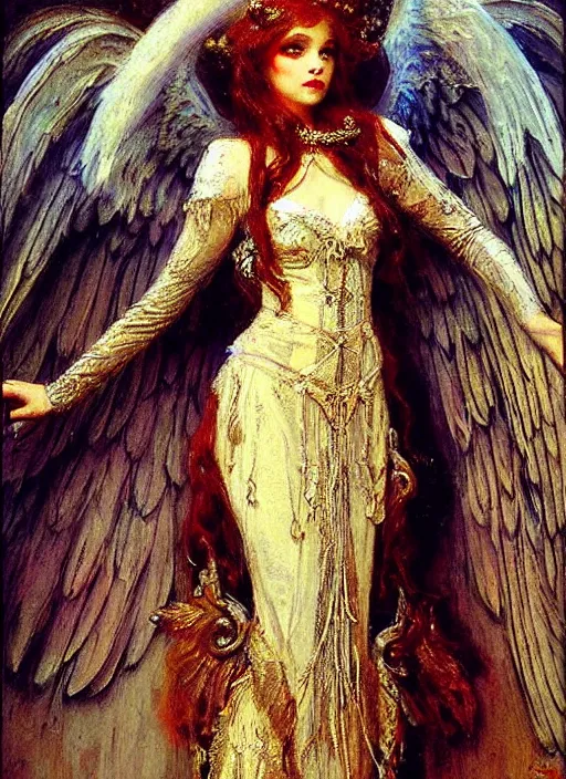 Image similar to vertical prtrait of an angel knight gothic girl, baroque dress. by gaston bussiere
