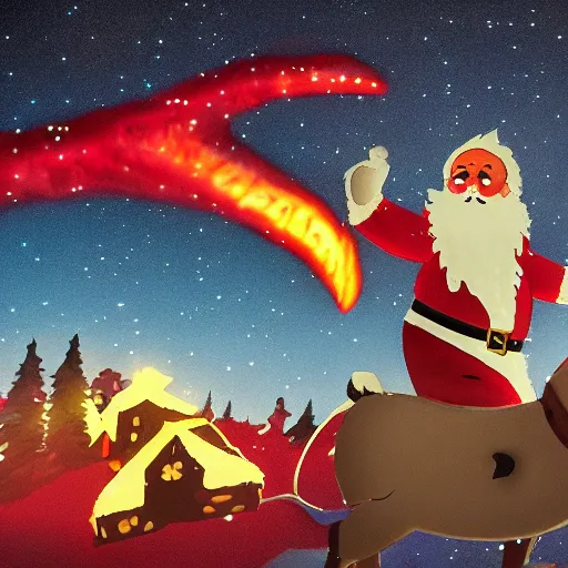 Prompt: evil santa claus rides his fiery chariot through the night sky being led by demonic reindeer