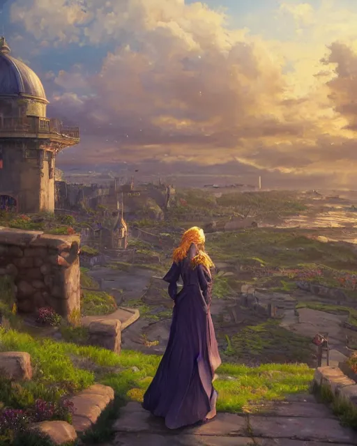 Image similar to over the shoulder landscape painting of violet evergarden, behind her is a distant old european city leiden from violet evergarden next to the reflecting ocean, ocean, sunshine, by Philipp A. Urlich and Pengzhen Zhang and Andreas Rocha, fantasy, intricate, elegant, highly detailed, digital painting, artstation, blender, unreal engine 5, octane render, smooth, sharp focus, illustration