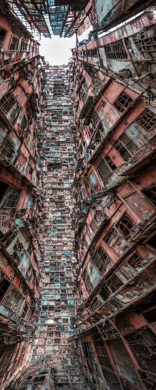Prompt: a worms eye view looking up of the interior of Kowloon walled city in Hong Kong, flat lay, flat perspective, front perspective, very detailed, photoreal, 8k, canon 20mm lens,