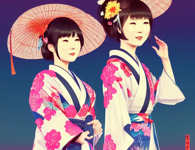 Image similar to two beautiful charming japan female superstar wear arty kimono in festival | | sunny night, festival,, realistic shaded, smile, good looking, hyper details, 4 k realistic, cryengine, realistic shaded lighting poster by ilya kuvshinov, fuji choko, ross tran, 8 k resolution, trending on artstation, luxury