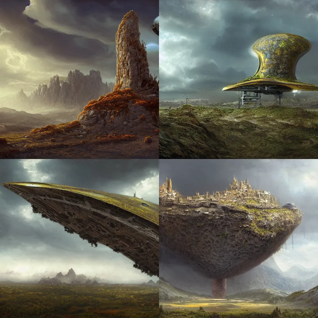 Prompt: huge spaceship landing near ruined, covered by rusty lichen skyscraper with many windows on top of mountain, by amandine van ray and christophe vacher, cloudy, dreamy, detailed, 4k resolution