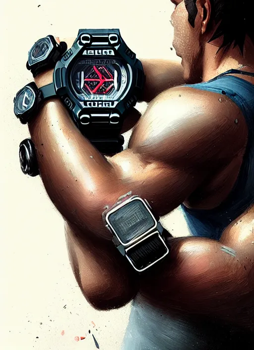 Image similar to portrait a gshock muscular watch highly detailed, digital painting, concept art, smooth, sharp focus, illustration, art by greg rutkowski