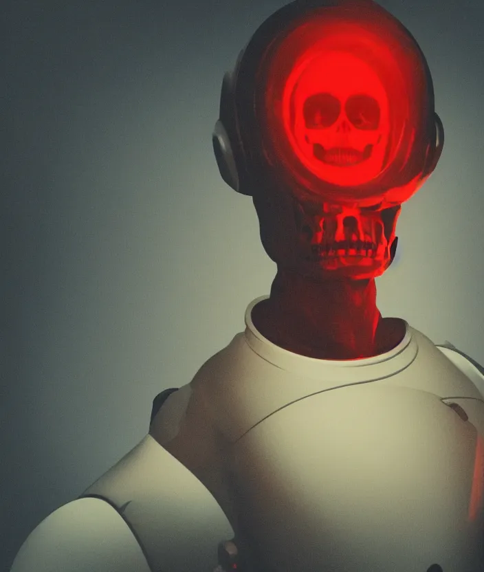 Image similar to a portrait of an astronaut, his head is a skull, the skull is screaming, mysterious, very aesthetic, cinematic and dramatic red light, in the style of edward hopper 4 k,