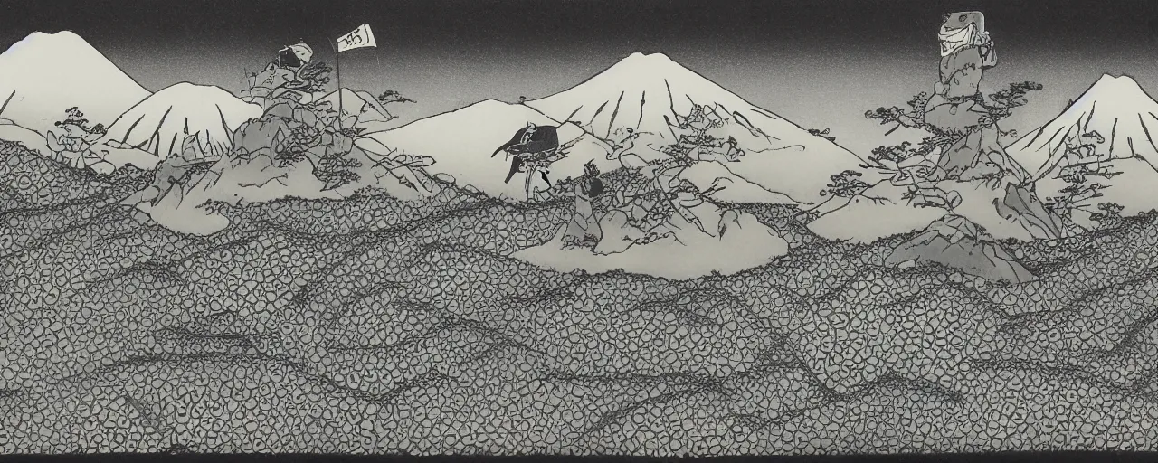 Prompt: very detailed meadow mountain landscape with a menhir in the foreground, samurai wearing armor, japanese flag, by masashi kishimoto, fine black ink