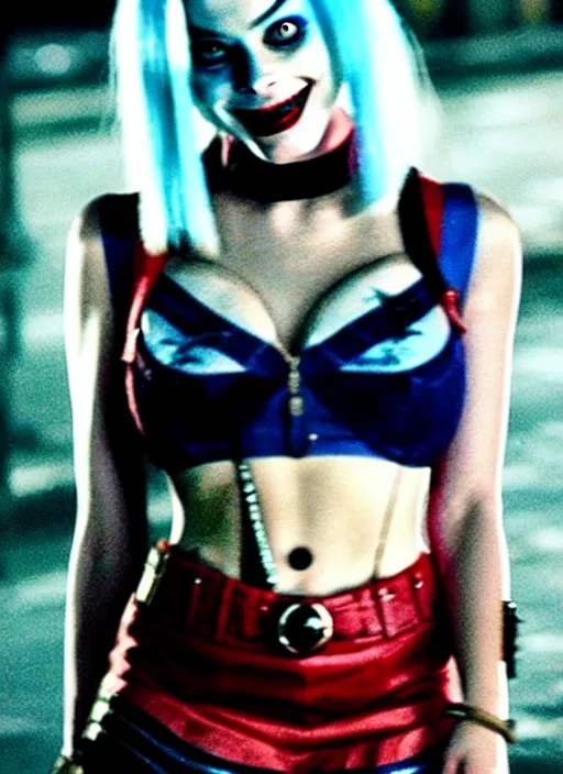 Image similar to 2 8 mm photo of beautiful suicide squad happy margot robbie with long white hair that looks like harley quinn standing on the wet street of dystopian gotham city at night, angry frown, seductive camisole, pinup model, glamour fashion pose, frank miller, jim lee, cinematic, ridley scott, lens flare, annie leibowitz