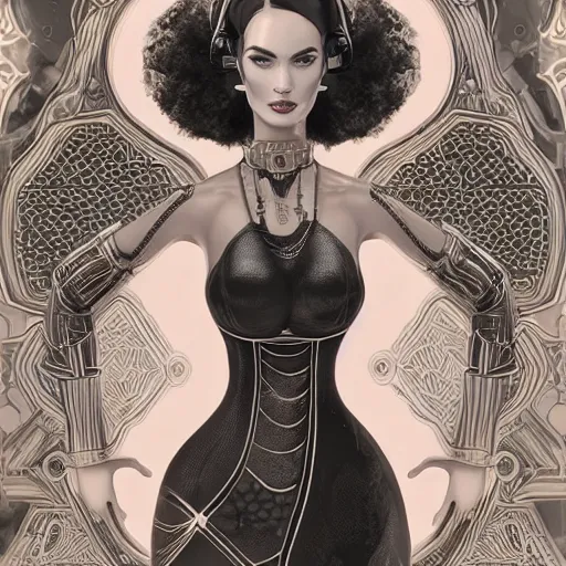 Image similar to the portrait of an absurdly elegant, sophisticated, fashionable ottomanpunk robotess idol, an ultrafine illustration of young african megan fox mix by kim jisu, intricate linework, neon wiring, fashion, porcelain skin, unreal engine 5 highly rendered, global illumination, radiant light, detailed and intricate environment, by rutkowski, artgerm, marvel comics