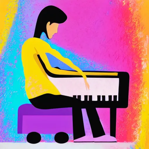 Image similar to teenager playing piano music art colorful notes moving dinamic fuzzy cool brush strokes stains lines colors