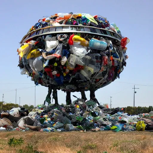 Prompt: enormous alien mothership made from plastic garbage