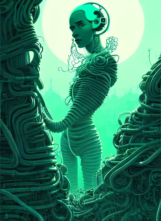 Image similar to highly detailed portrait of a biopunk long curly white hair tribal lady, stray wiring by atey ghailan, james gilleard, by joe fenton, by greg rutkowski, by greg tocchini, by kaethe butcher, 4 k resolution, gradient green, black and white color scheme!!! ( ( irradiated robotic rocky tornado landscape background ) )