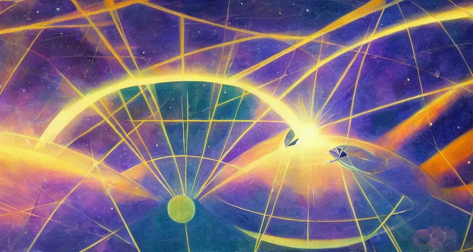 Image similar to hexagonal solar sail in space, blocking the sun, earth in the foreground, art deco painting