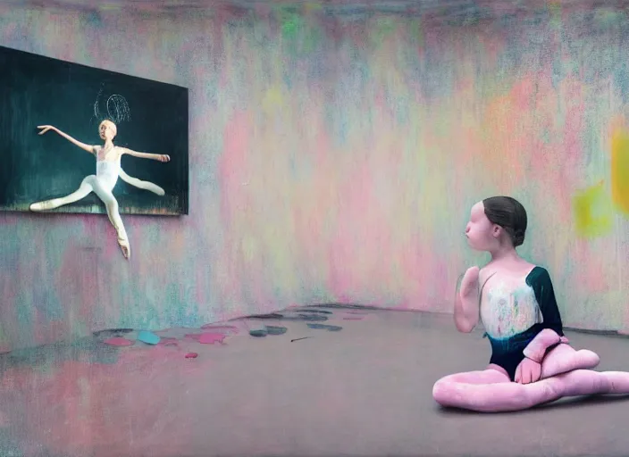 Prompt: portrait of nervous young girl ballerina sitting on the floor focusing in a dance hall by beeple and hernan bas and francis bacon and pat steir and hilma af klint, psychological, photorealistic, symmetrical face, dripping paint, washy brush, matte painting, rendered in octane, altermodern, masterpiece