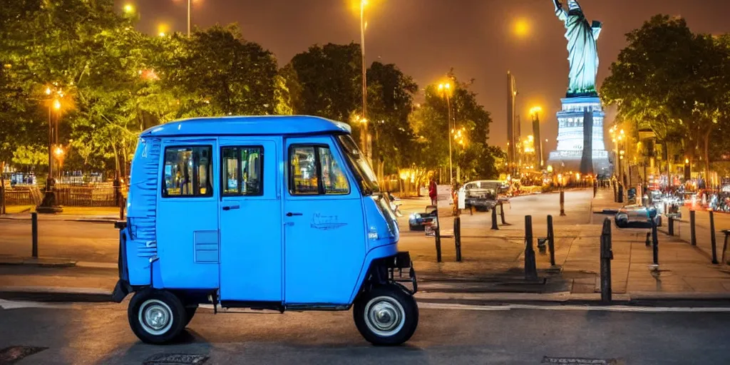 Image similar to a blue tuk tuk with the statue of liberty in the background, night