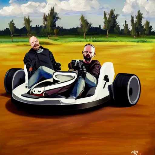 Prompt: painting of Walter White and Jesse Pinkman go-karting, oil on canvas, trending on artstation