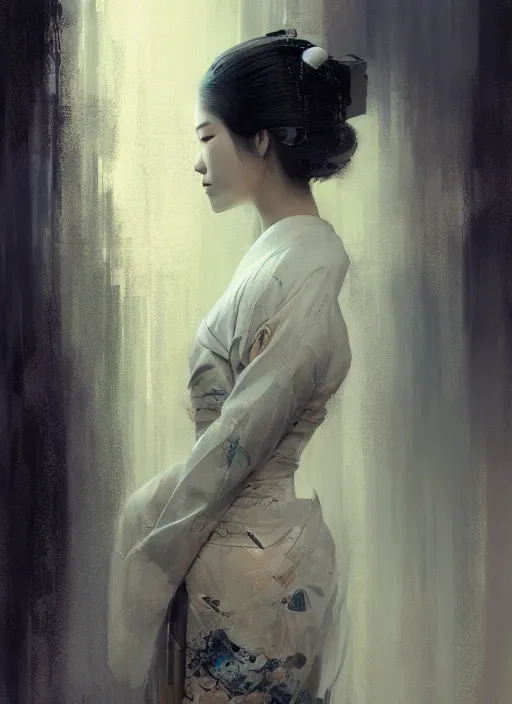 Image similar to female geisha girl, beautiful face, rule of thirds, intricate outfit, spotlight, by greg rutkowski, by jeremy mann, digital painting