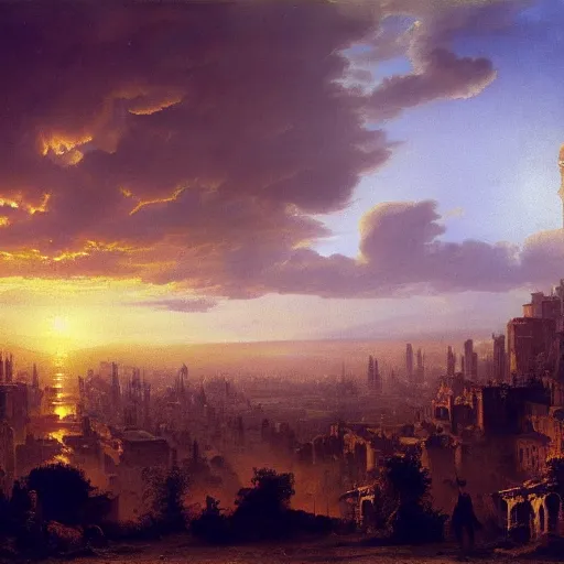 Prompt: vista of a city at sunset, the city is a sprawling renaissance city that is built amidst hilly cyclopean tombs and overgrown by the rainforest, rpg, hubert robert, cityscape, vista, dying earth, gene wolfe